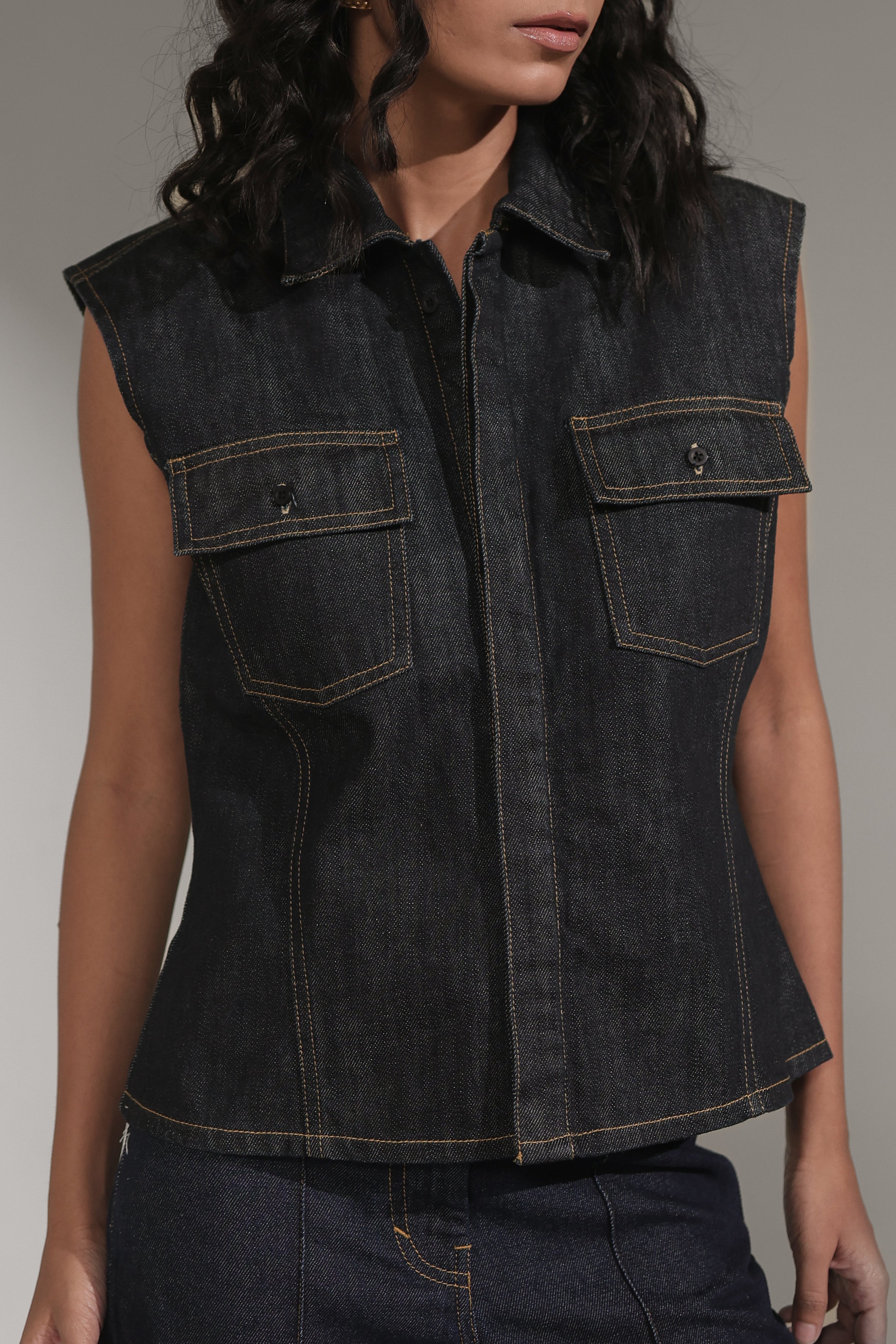 Sleeveless Denim Utility Shirt