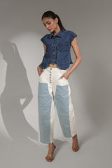 Two-Tone High-Rise Straight Fit Denim Jeans