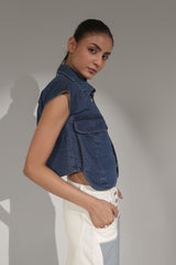 Cropped Sleeveless Denim Shirt with Metal Buttons