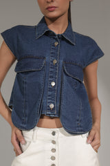 Cropped Sleeveless Denim Shirt with Metal Buttons