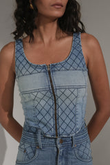 Quilted Zip-Front Denim Corset Top