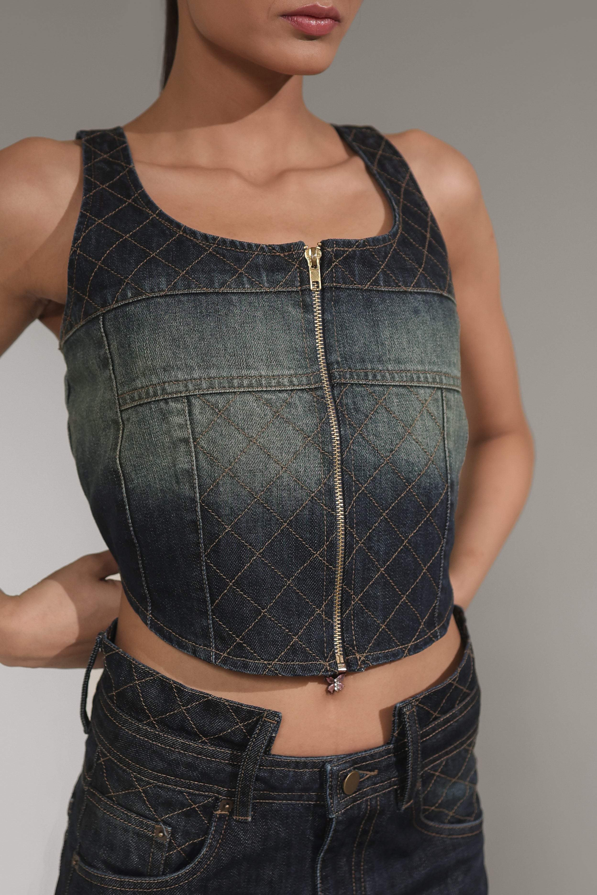 Dark-Wash Quilted Zip Denim Corset Top