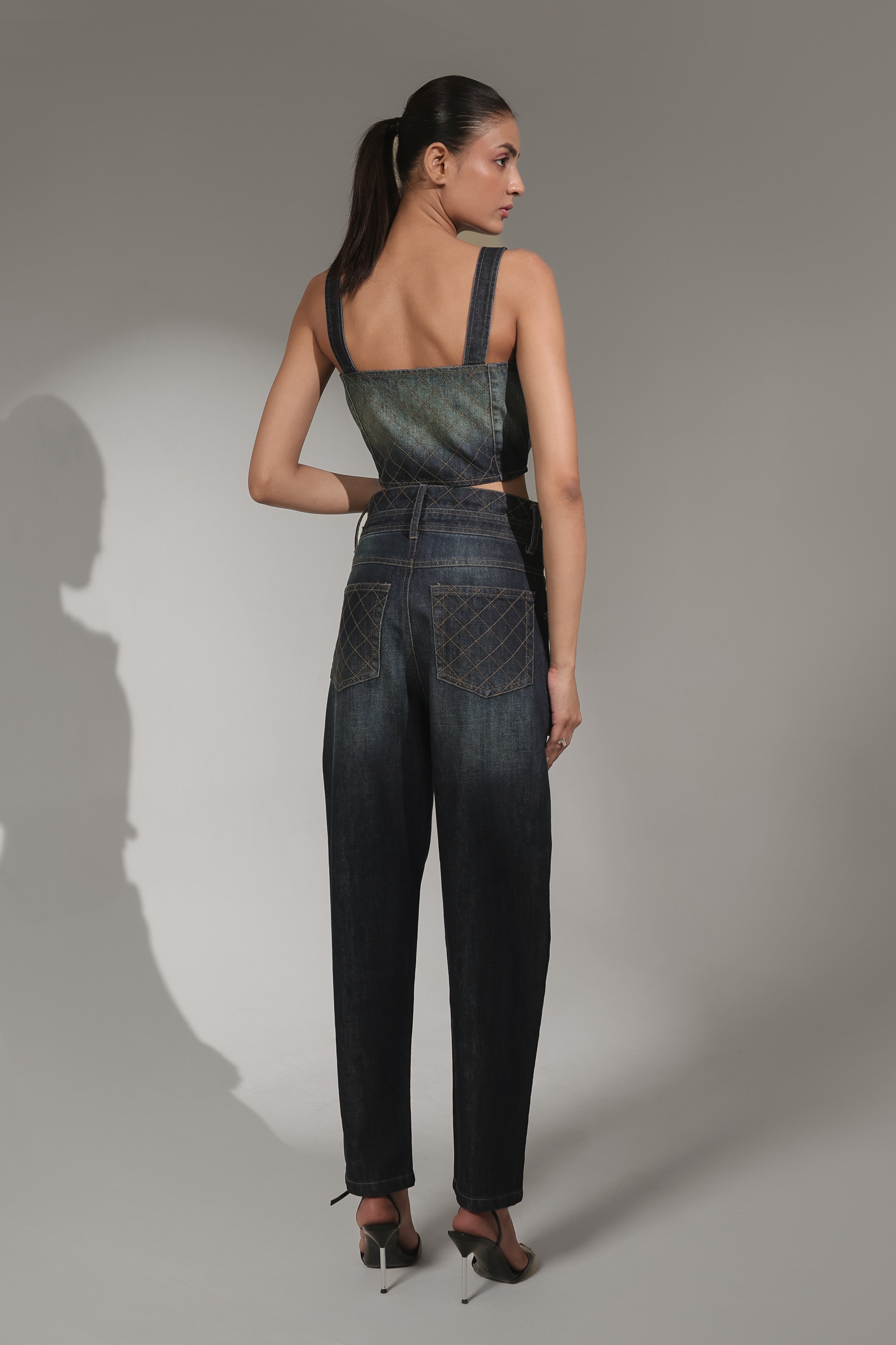 Dark-Wash Quilted Zip Denim Corset Top
