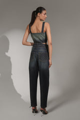 Dark-Wash Quilted Zip Denim Corset Top