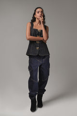 Dark-Wash Utility Cargo Denim Pants