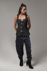 Dark-Wash Utility Cargo Denim Pants