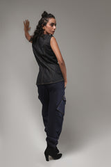 Dark-Wash Utility Cargo Denim Pants