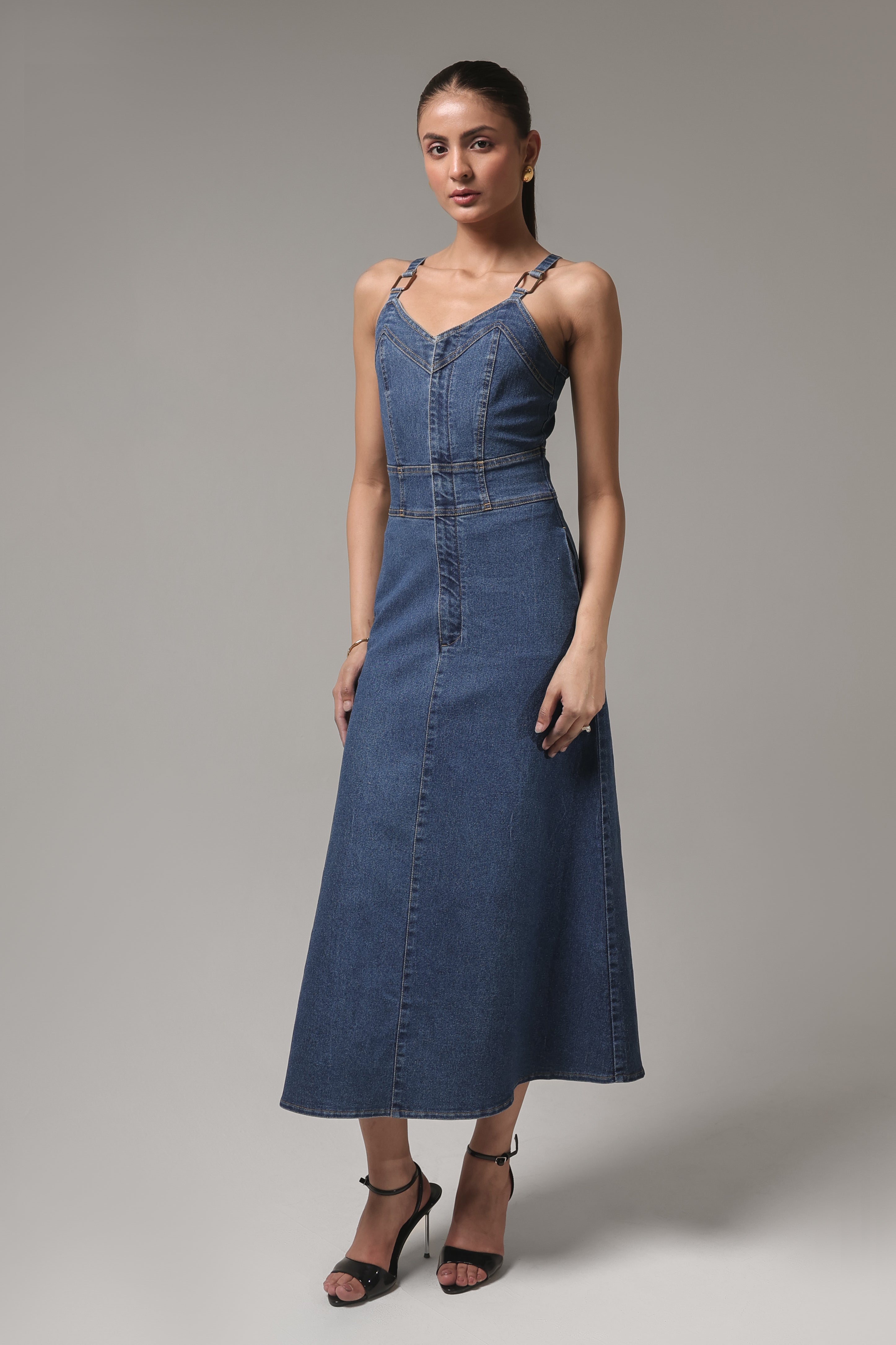 Denim Maxi Dress with Strappy Detailing