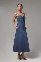 Denim Maxi Dress with Strappy Detailing