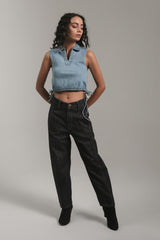 Light Wash Cropped Denim Top with Drawstring Hem