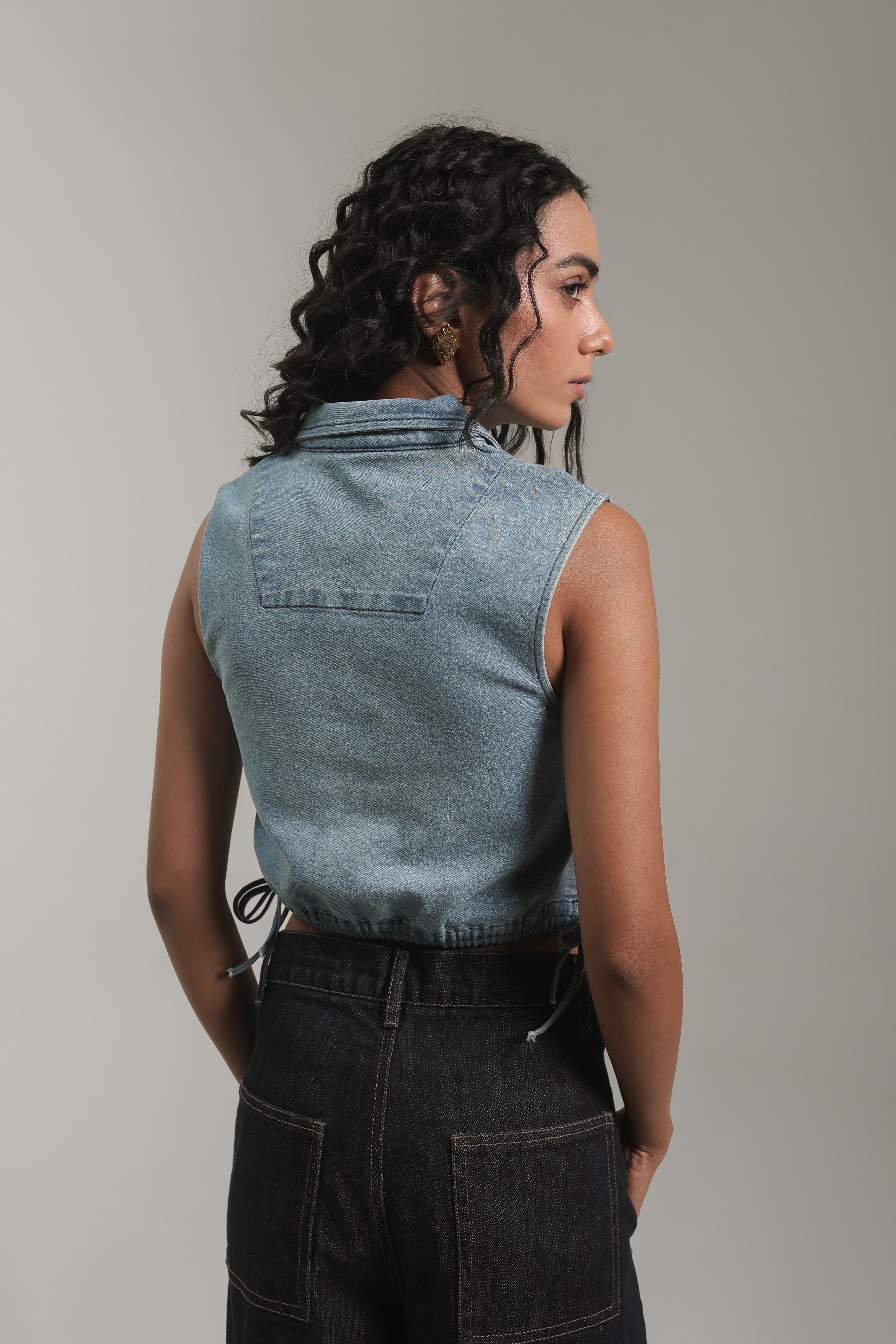 Light Wash Cropped Denim Top with Drawstring Hem
