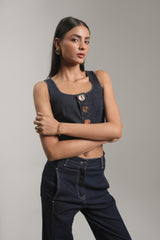 Dark Wash Cropped Denim Tank Top with Statement Buttons