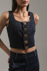 Dark Wash Cropped Denim Tank Top with Statement Buttons