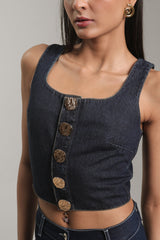 Dark Wash Cropped Denim Tank Top with Statement Buttons