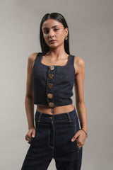 Dark Wash Cropped Denim Tank Top with Statement Buttons