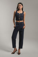 Dark Wash Cropped Denim Tank Top with Statement Buttons