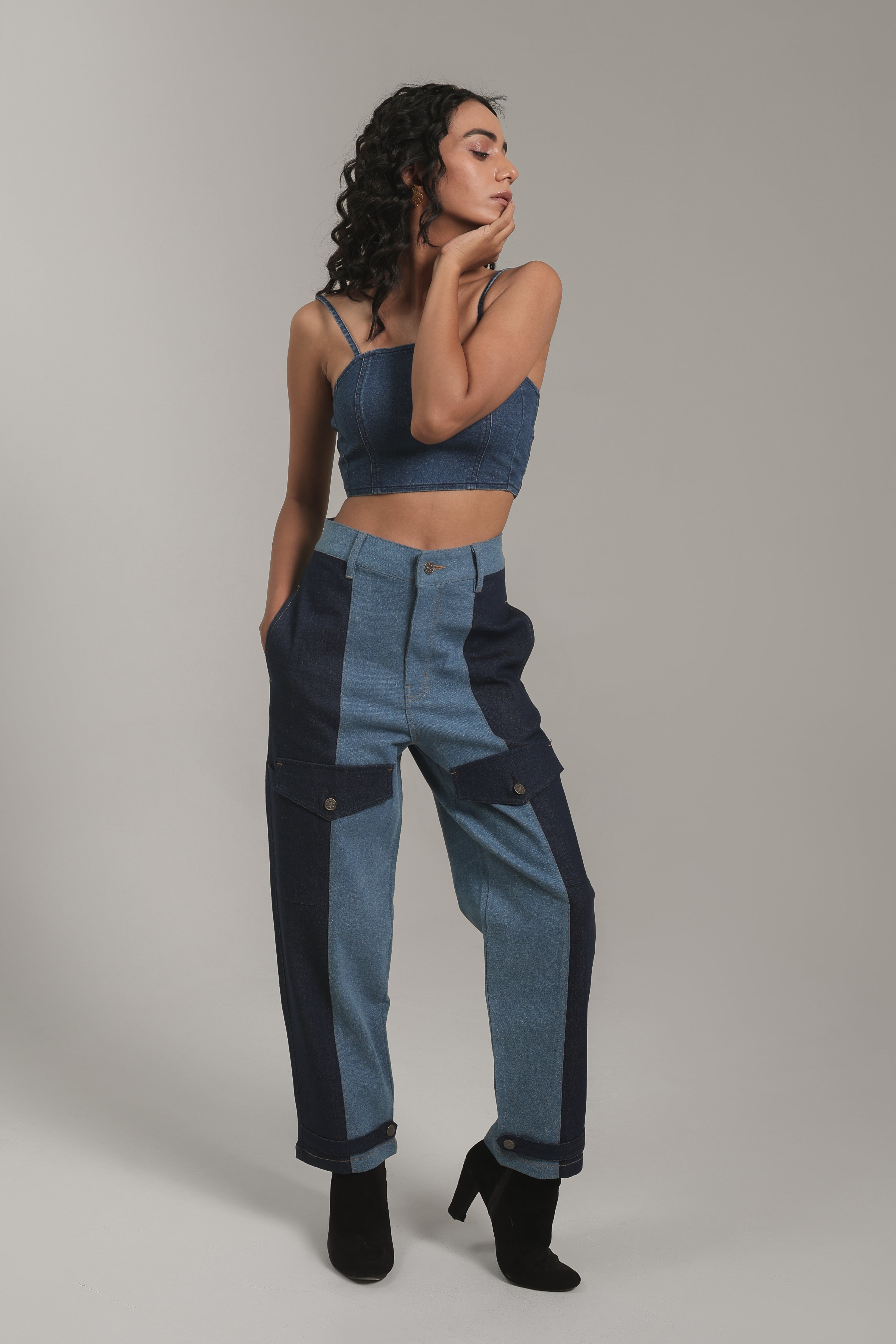 Two-Tone Patchwork Cargo Denim Pants