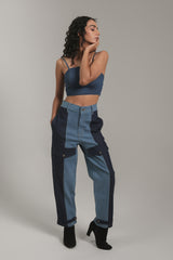 Two-Tone Patchwork Cargo Denim Pants