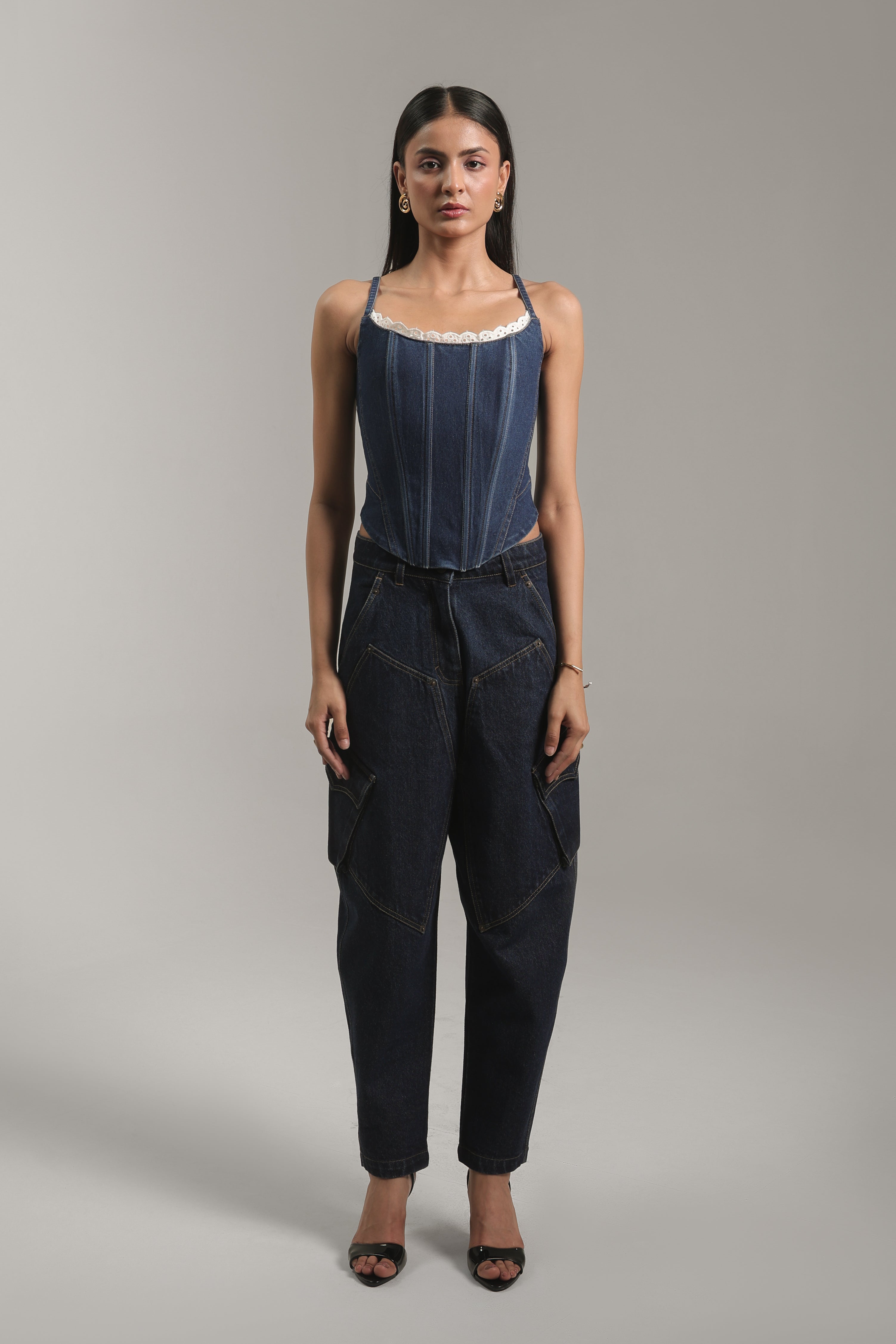Dark-Wash Cargo Denim Pants