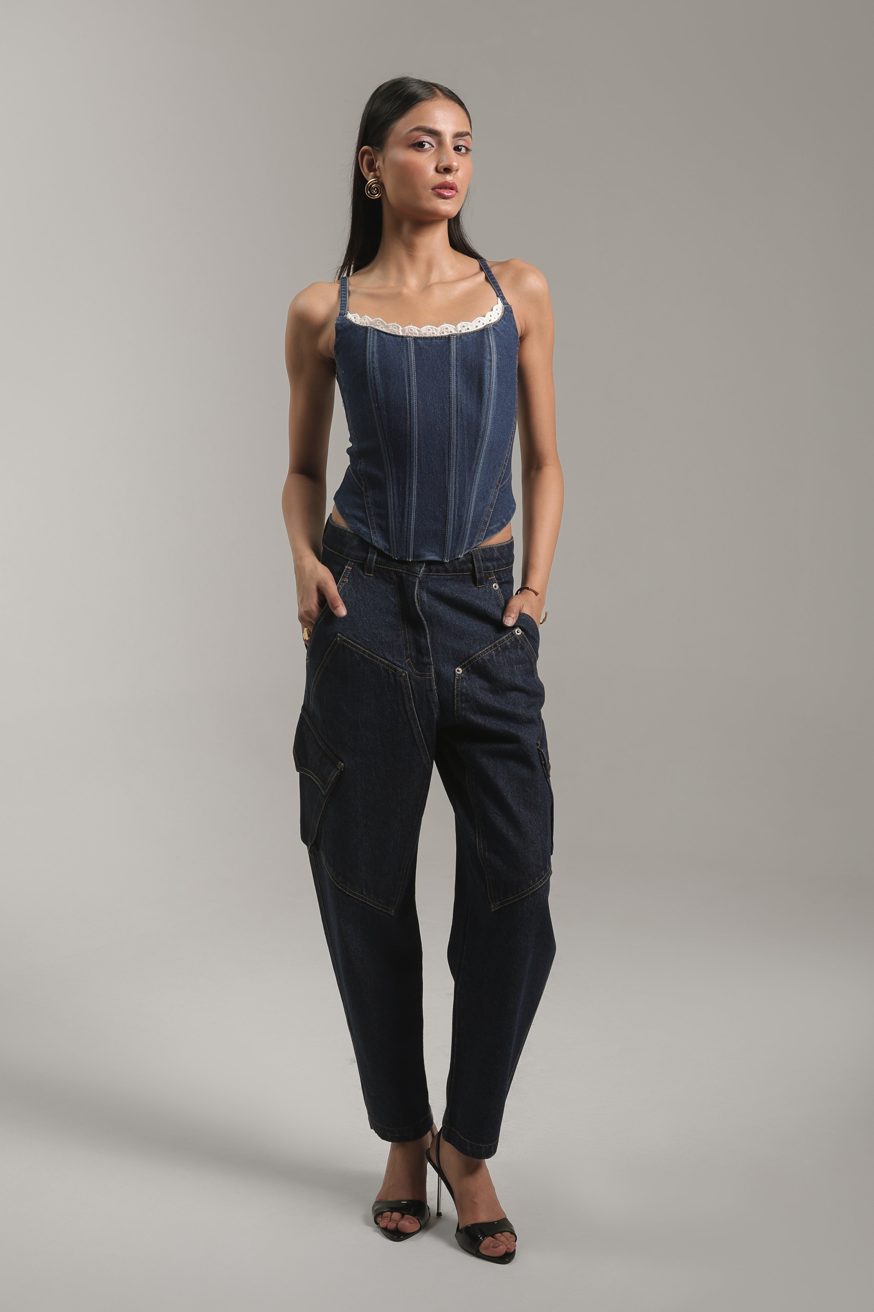 Lace Trim Denim Bustier Top