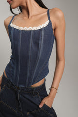 Lace Trim Denim Bustier Top