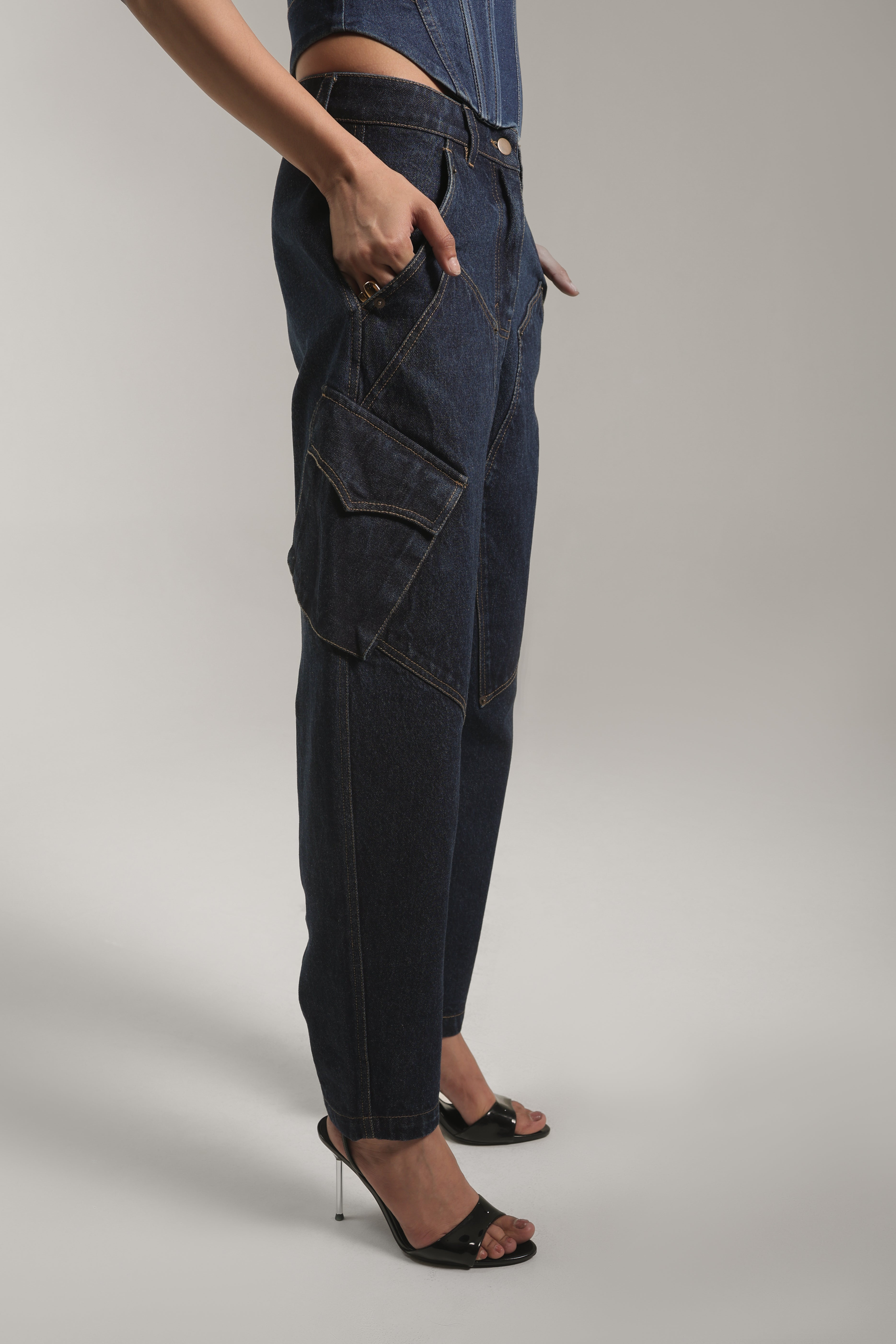 Dark-Wash Cargo Denim Pants