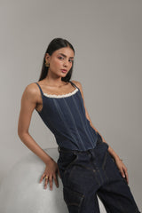 Lace Trim Denim Bustier Top