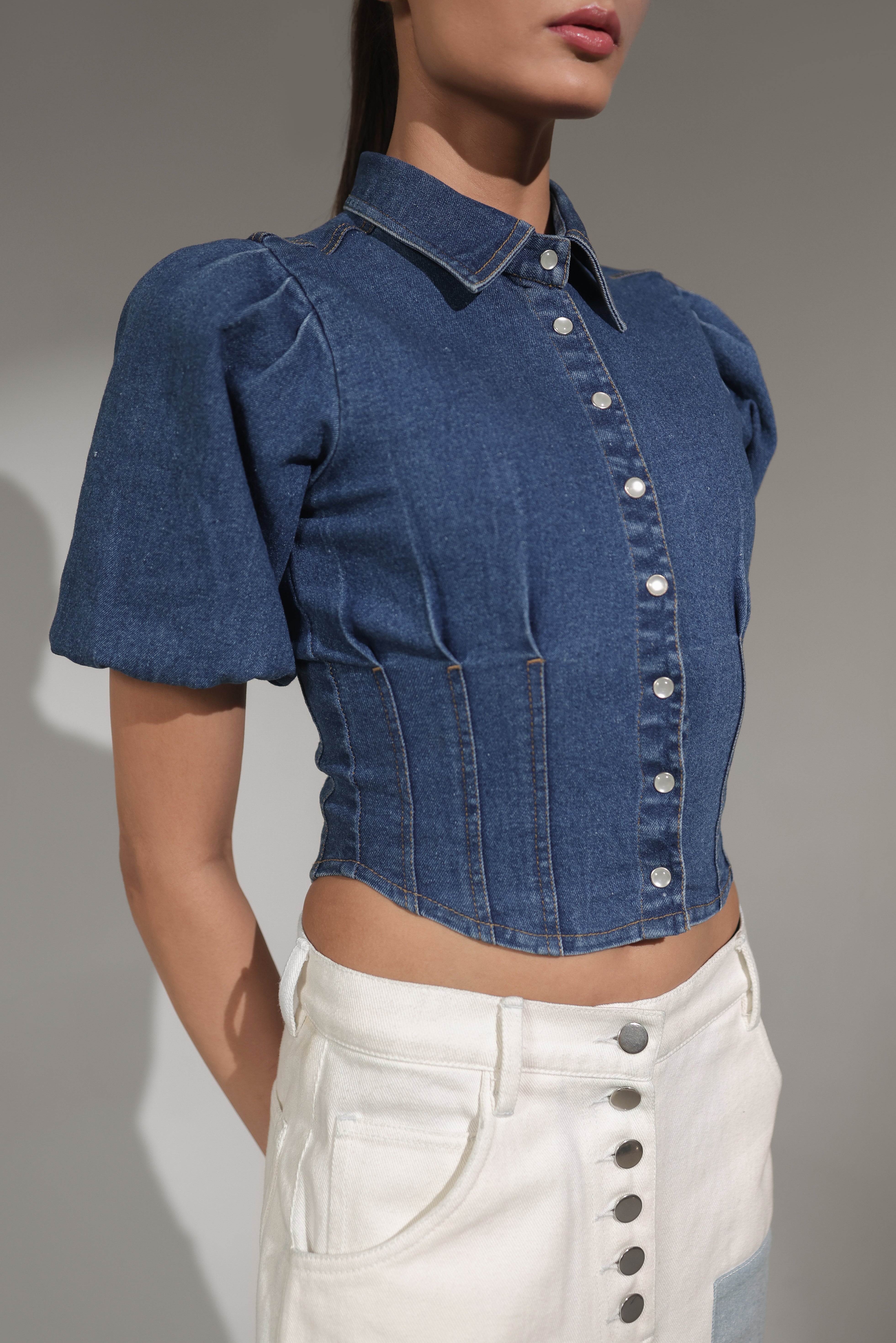 Puff Sleeve Denim Crop Shirt