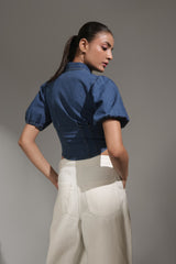 Puff Sleeve Denim Crop Shirt