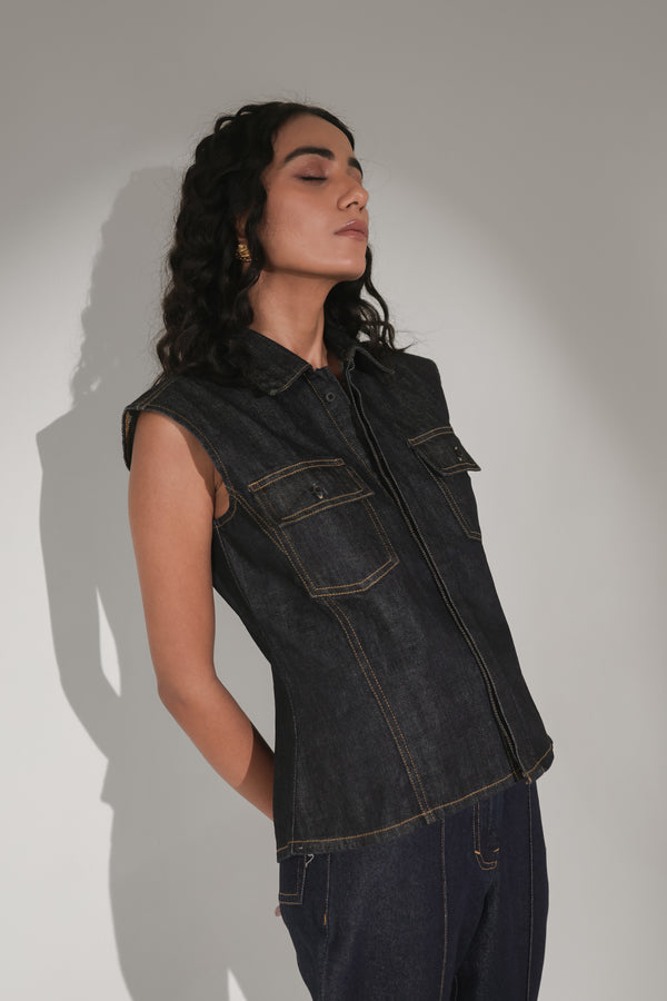 Women’s Sleeveless Denim Utility Shirt | Blues by V E N U E ORIGINAL