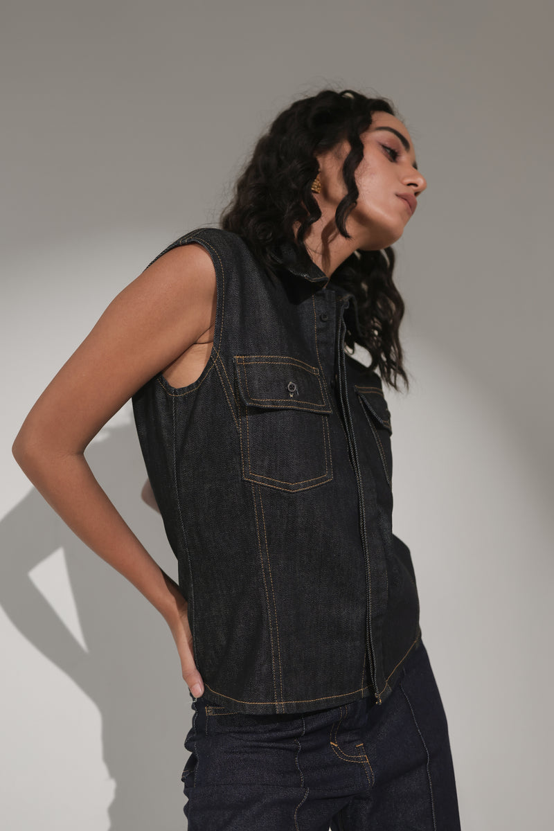 Women’s Sleeveless Denim Utility Shirt | Blues by V E N U E ORIGINAL