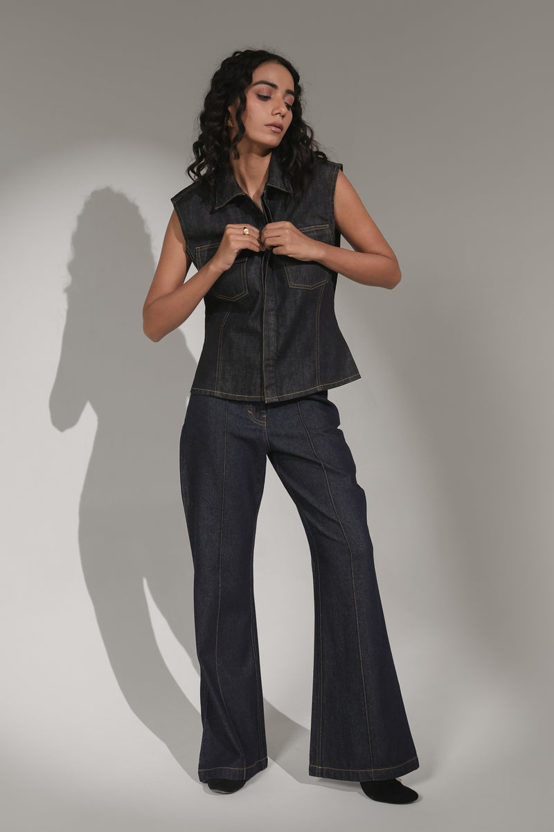 Women’s High-Rise Flared Denim Jeans with Center Seam | Blues by V E N U E ORIGINAL
