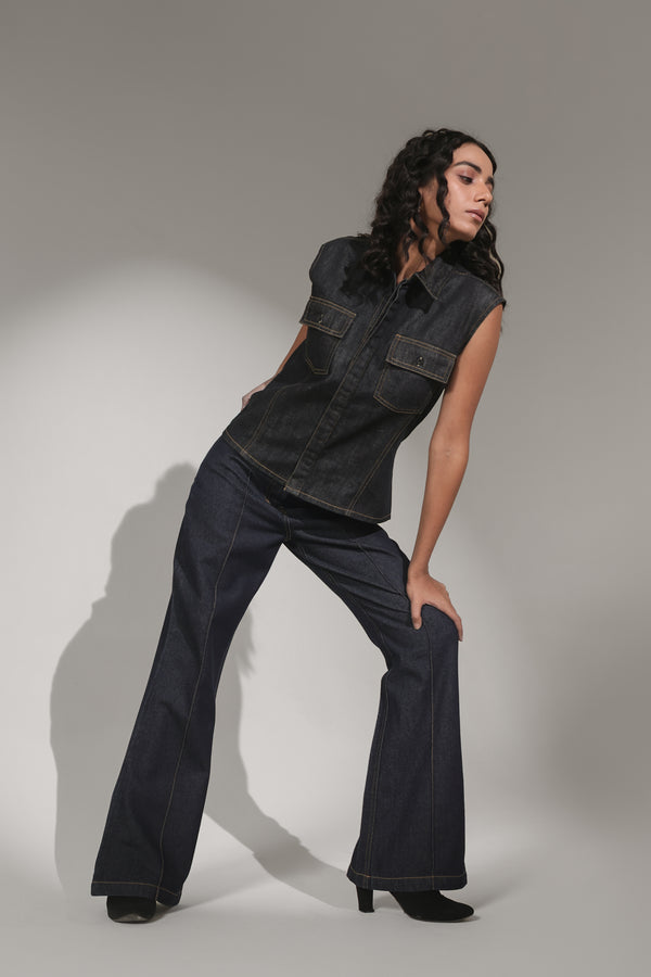Women’s High-Rise Flared Denim Jeans with Center Seam | Blues by V E N U E ORIGINAL