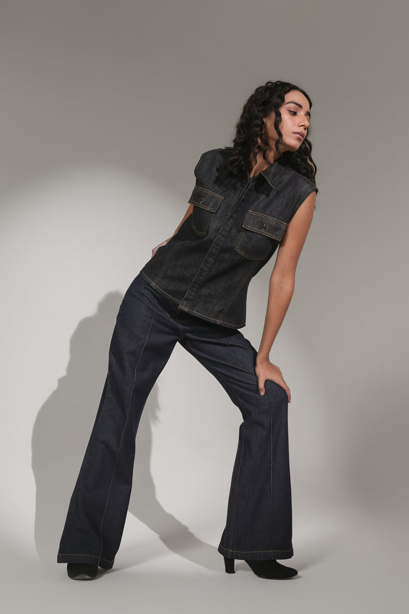Women’s High-Rise Flared Denim Jeans with Center Seam | Blues by V E N U E ORIGINAL