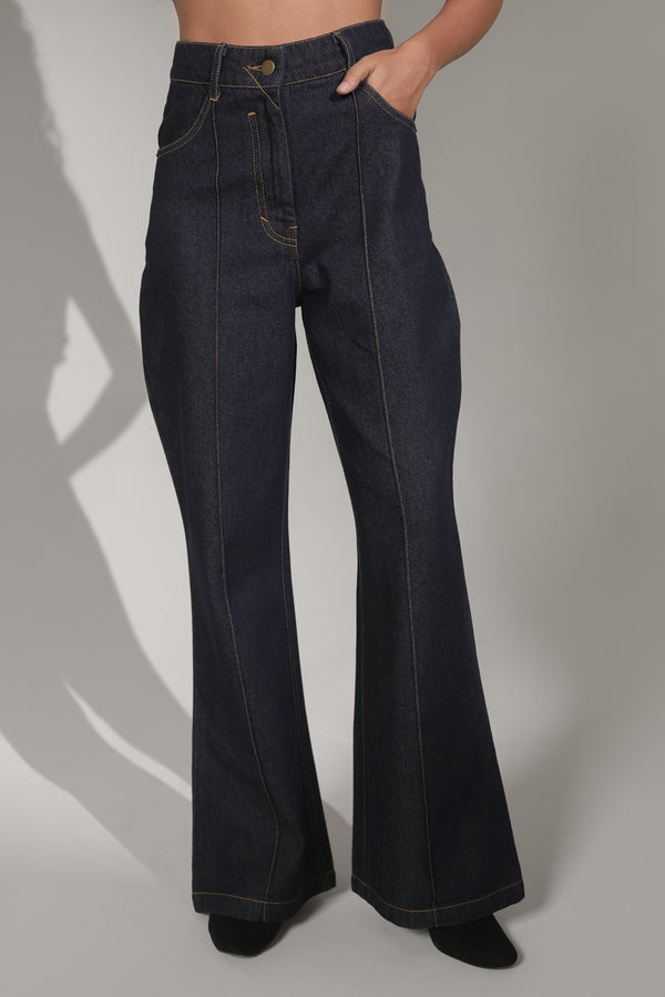 High-Rise Flared Denim Jeans with Center Seam
