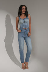 Women’s Quilted Zip-Front Denim Corset Top | Blues by V E N U E ORIGINAL
