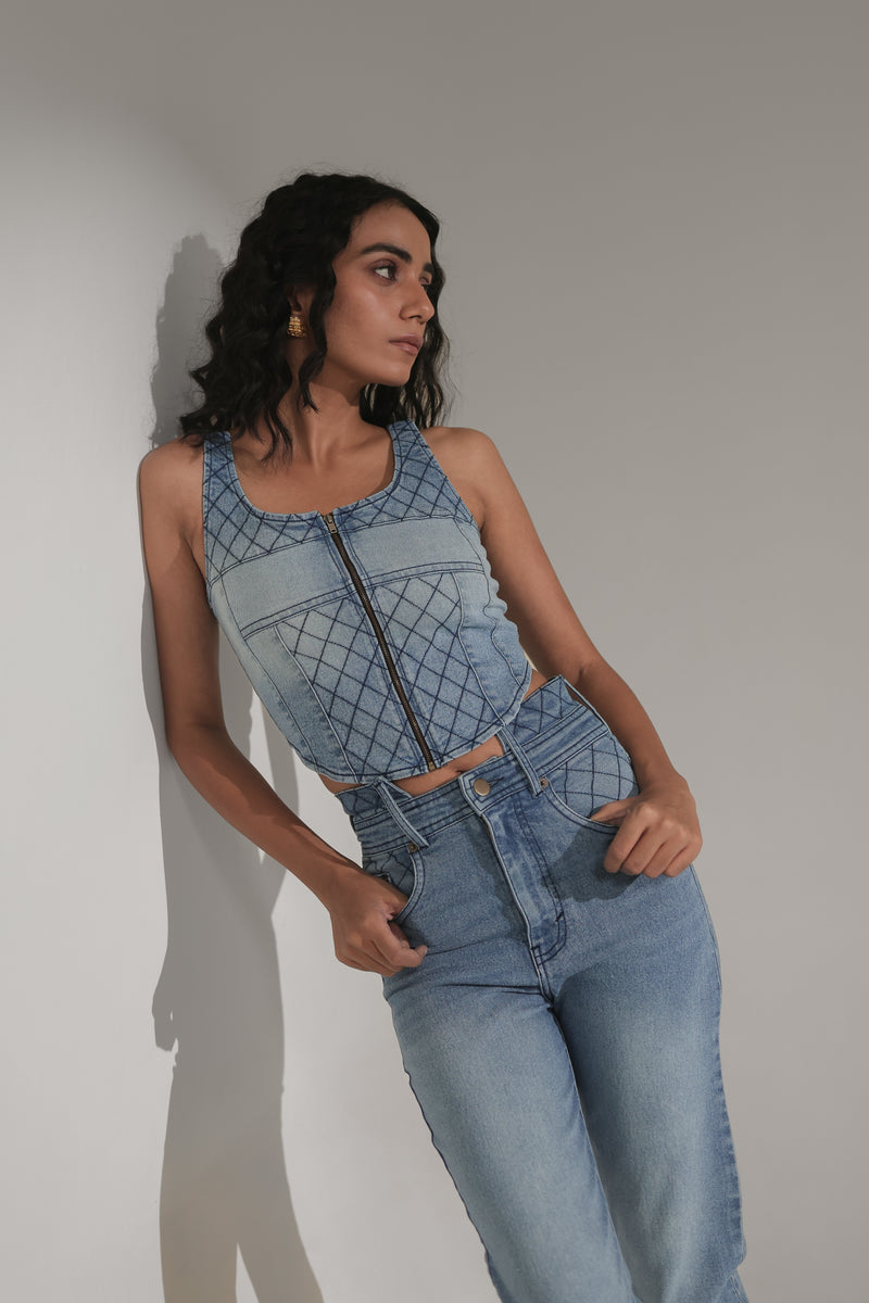 Women’s Quilted Zip-Front Denim Corset Top | Blues by V E N U E ORIGINAL