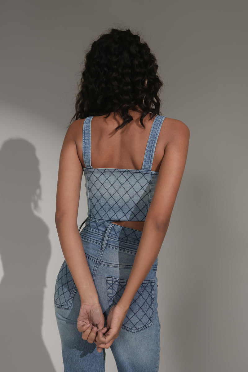 Women’s Quilted Zip-Front Denim Corset Top | Blues by V E N U E ORIGINAL