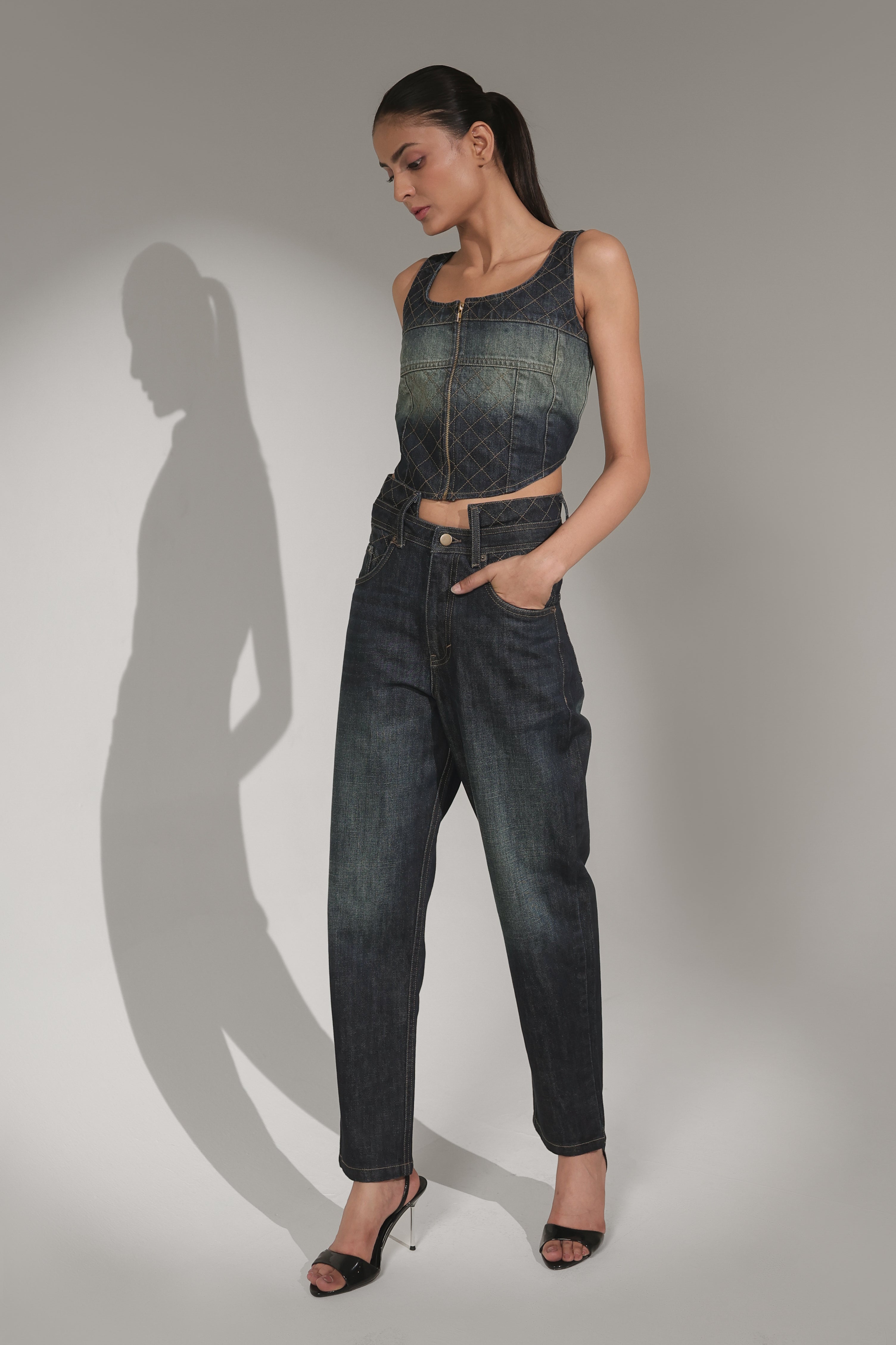 Dark-Wash Quilted Zip Denim Corset Top