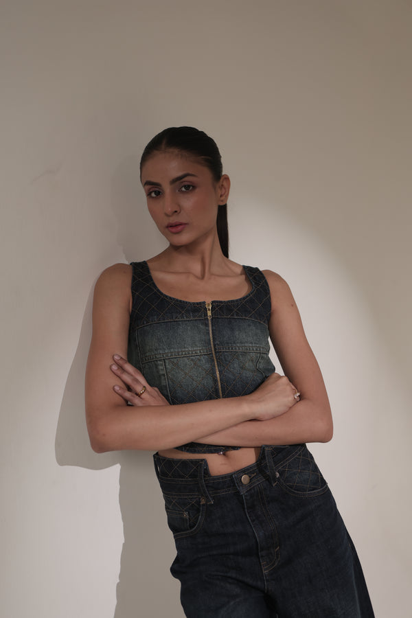 Dark-Wash Quilted Zip Denim Corset Top