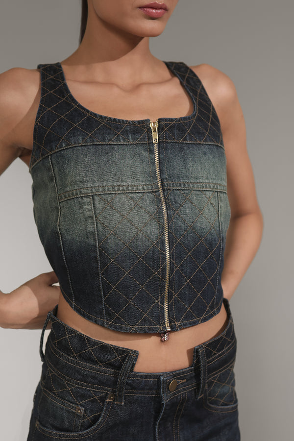 Women’s Dark-Wash Quilted Zip Denim Corset Top | Blues by V E N U E ORIGINAL