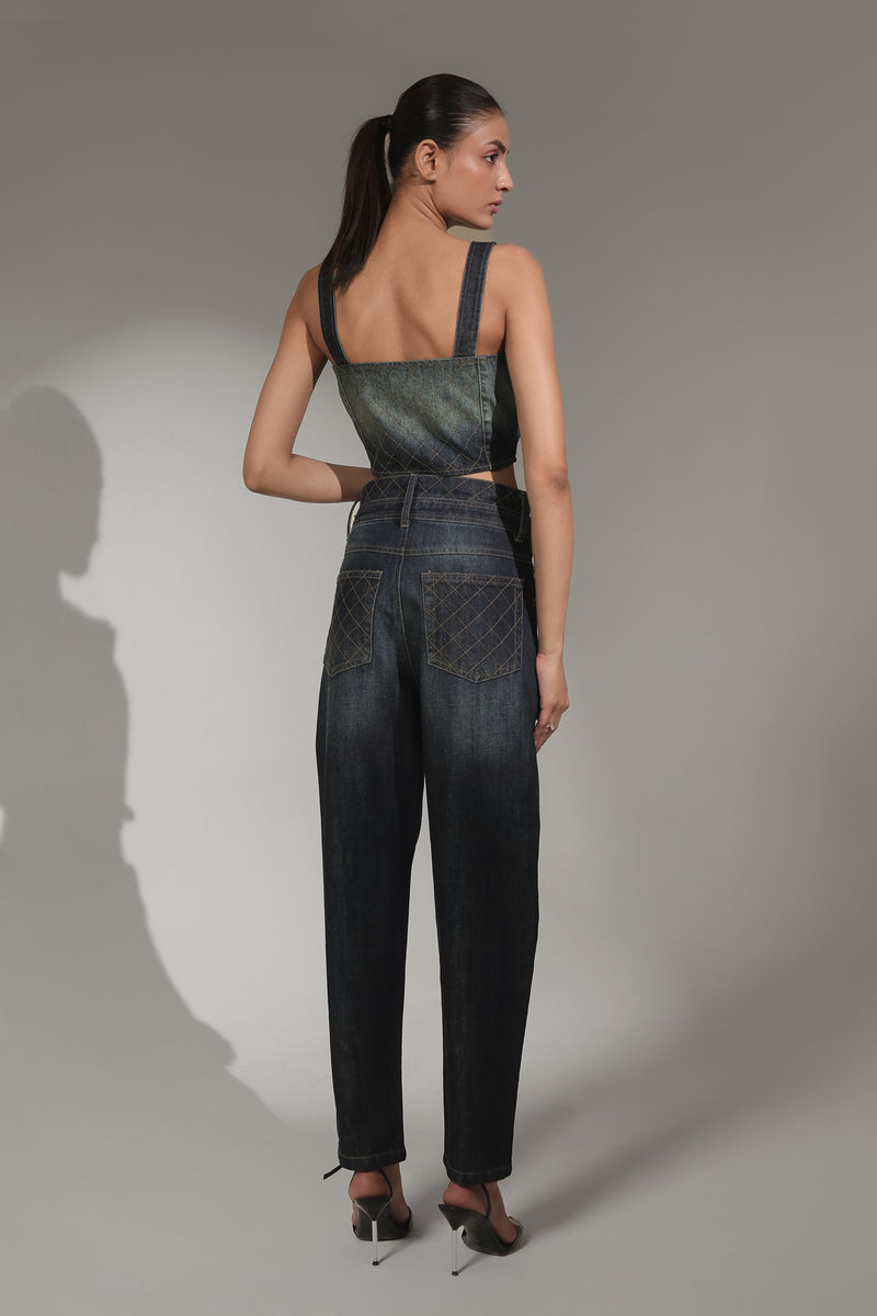 Women’s Dark-Wash Quilted Zip Denim Corset Top | Blues by V E N U E ORIGINAL