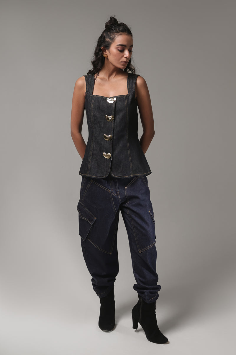Women’s Dark-Wash Utility Cargo Denim Pants | Blues by V E N U E ORIGINAL
