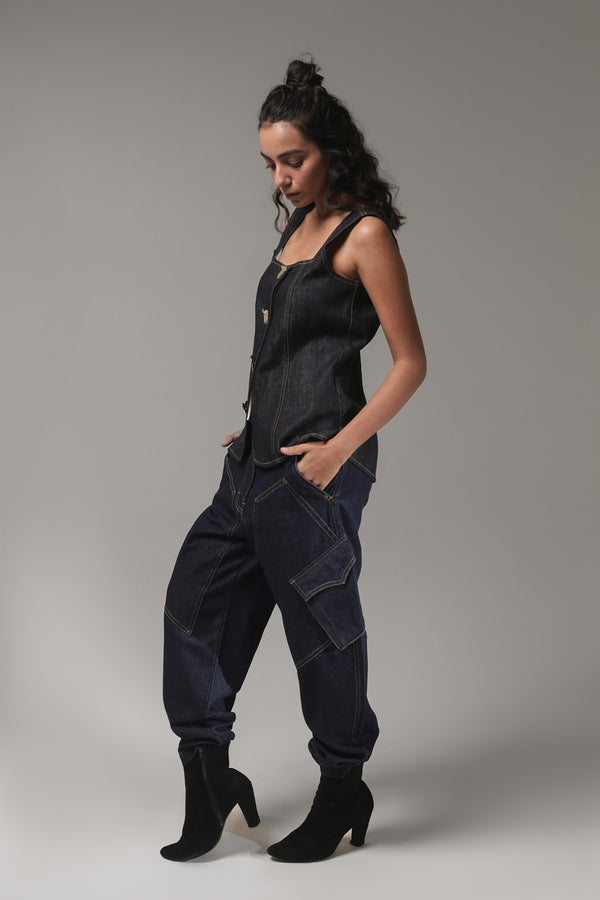 Women’s Dark-Wash Utility Cargo Denim Pants | Blues by V E N U E ORIGINAL