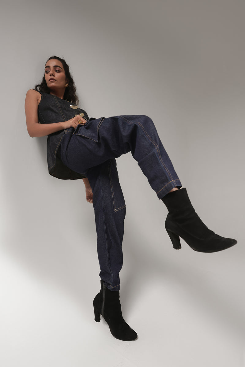 Women’s Dark-Wash Utility Cargo Denim Pants | Blues by V E N U E ORIGINAL