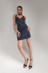 Women’s Sleeveless Belted Denim Mini Dress | Blues by V E N U E ORIGINAL