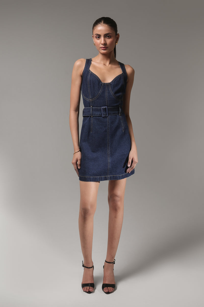 Women’s Sleeveless Belted Denim Mini Dress | Blues by V E N U E ORIGINAL