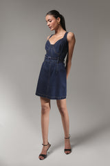 Women’s Sleeveless Belted Denim Mini Dress | Blues by V E N U E ORIGINAL
