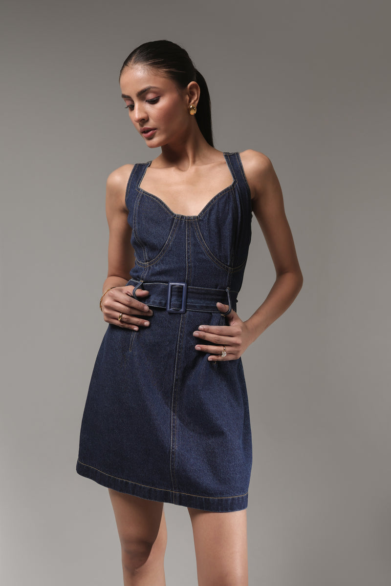 Women’s Sleeveless Belted Denim Mini Dress | Blues by V E N U E ORIGINAL