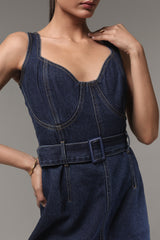 Women’s Sleeveless Belted Denim Mini Dress | Blues by V E N U E ORIGINAL